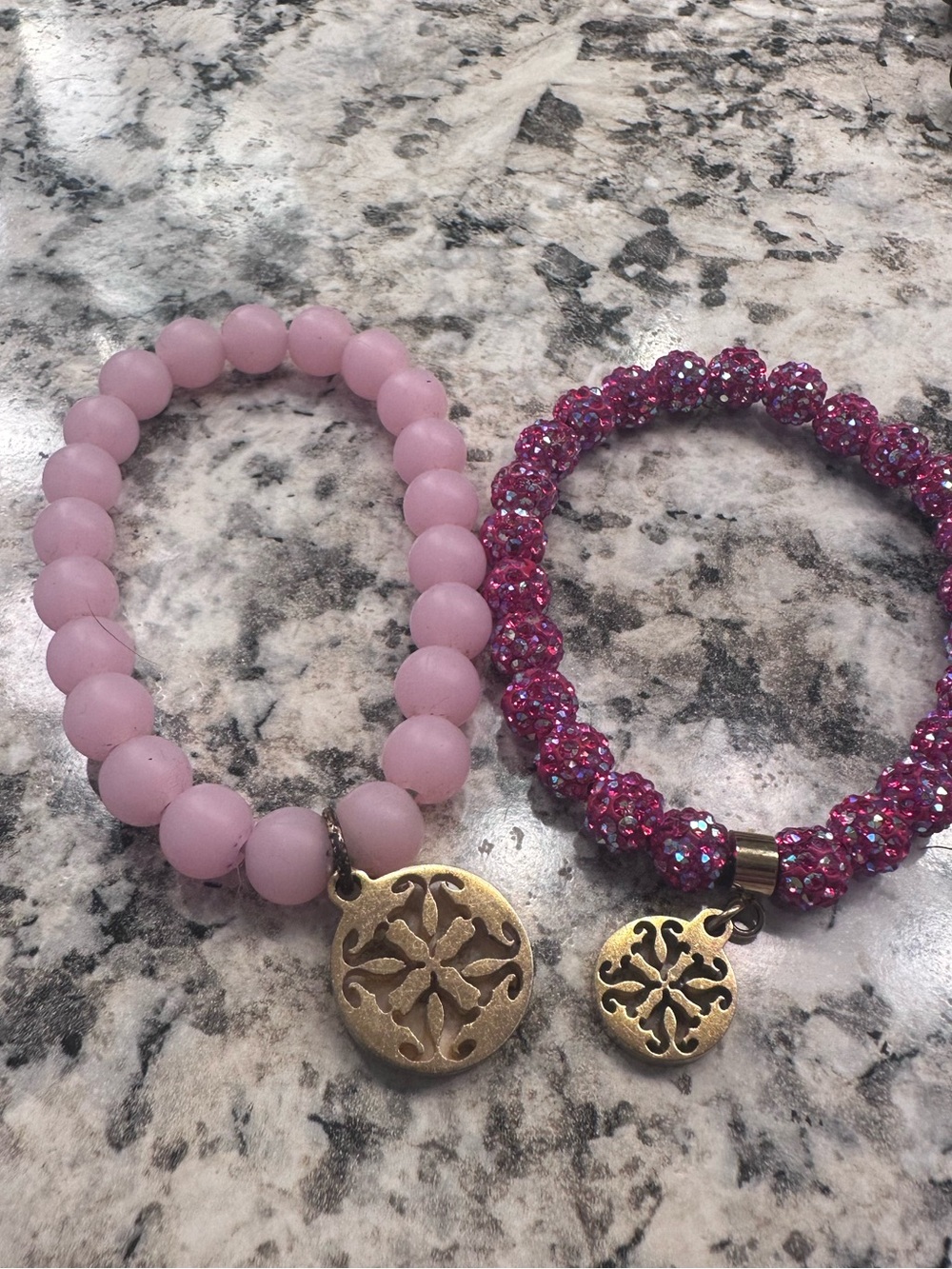Rustic Cuff Pink Bracelet Lot Set of 2 Beaded Crystal Gold Charm